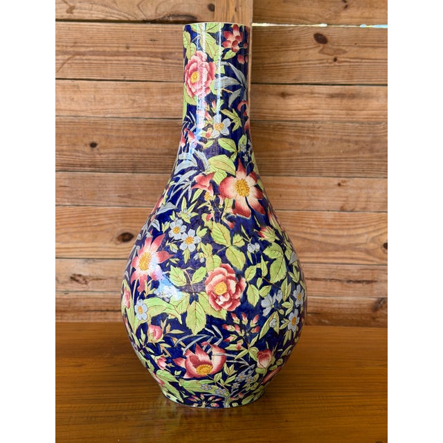 Ceramic Antique Art Nouveau Etruria Cretona Polychrome Floral Bottle Vase - 18" For Sale - Image 7 of 12