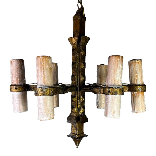 Spanish Hand-Forged Iron Chandelier, Rustic Style, Six Lights, 1930s For Sale