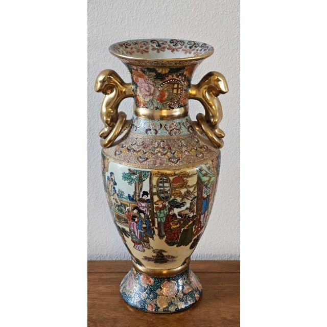 Vintage Royal Satsuma Hand-Painted Porcelain Urn Vase With Moriage & Gilt Handles For Sale - Image 10 of 17