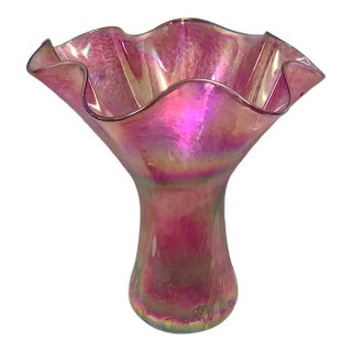 Loetz-Style Handblown Iridescent Cranberry Vase With Ruffled Rim For Sale