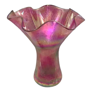 Loetz-Style Handblown Iridescent Cranberry Vase With Ruffled Rim