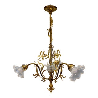 French Art Nouveau Opalescent Glass & Bronze Floral Chandelier, 1920 For Sale