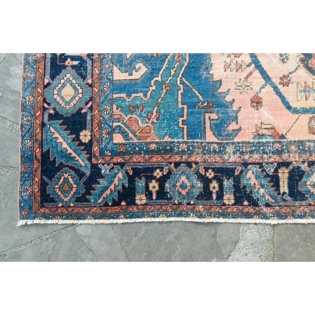 1920s Antique Coral Navy Distressed Geometric Design Large Wool Pile Hand Knotted Rug - 7'6" X 11’3” For Sale - Image 5 of 10