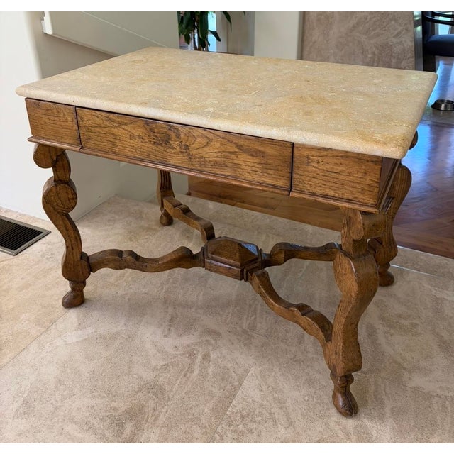 Rustic European 1990s Custom Fossil Stone Top/Wood Base Table For Sale - Image 3 of 7