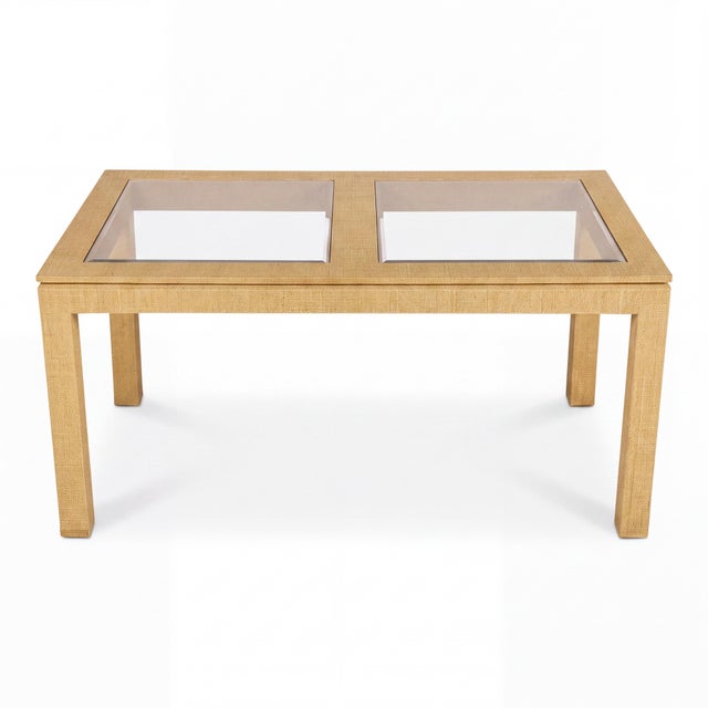 This is a Karl Springer style organic modern grasscloth wrapped Ming form dining table or writing desk. The piece is...