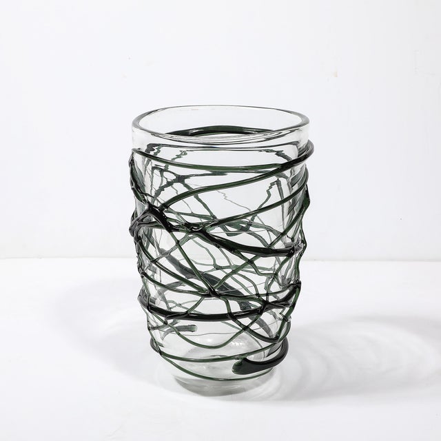 Hand-Blown Murano Glass Vase With Organic Viridian Green Sculptural Striations For Sale - Image 12 of 14