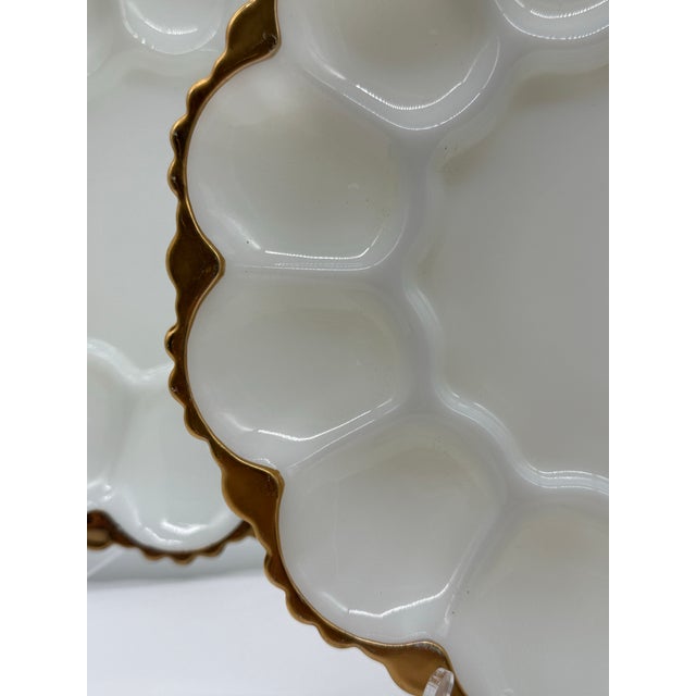 Anchor Hocking Mid 20th Century Mid-Century Anchor Hocking Fire King Milk Glass 22kt Gold Trim Egg Plate - a Pair For Sale - Image 4 of 10