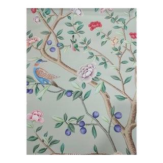 Custom Hand-Painted Chinoiserie Mural | Mint Green Floral Bird Wallpaper | Luxury Handcrafted Wall Covering For Sale