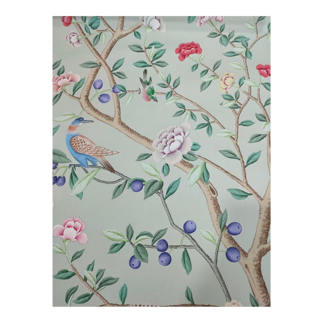 Custom Hand-Painted Chinoiserie Mural | Mint Green Floral Bird Wallpaper | Luxury Handcrafted Wall Covering For Sale