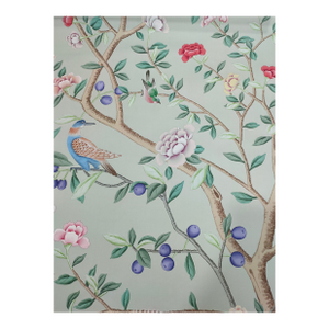 Custom Hand-Painted Chinoiserie Mural | Mint Green Floral Bird Wallpaper | Luxury Handcrafted Wall Covering