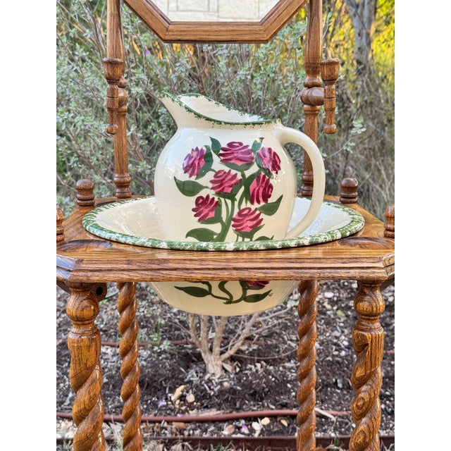 Wood Vintage Victorian Style Oak Barley Twist Washstand With Mirror - Cow Creek Pottery Pitcher and Bowl Included For Sale - Image 7 of 9