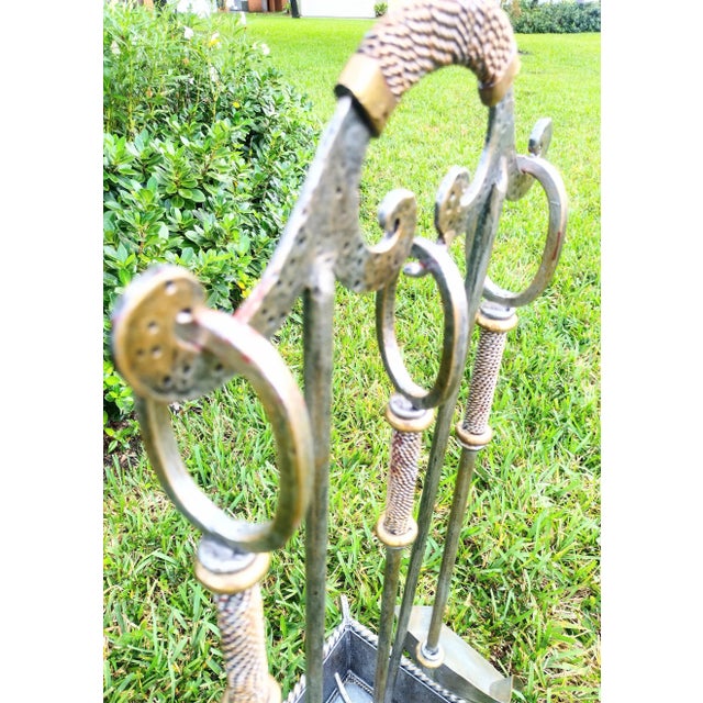 Gold Silver Forged Iron Maitland Smith Style FirePlace Accessory Set Tools 4 Piece For Sale In West Palm - Image 6 of 13