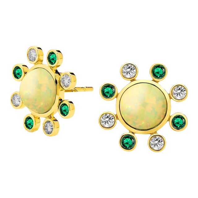 Syna Opal Yellow Gold Earrings with Emeralds and Diamonds, a Pair For Sale