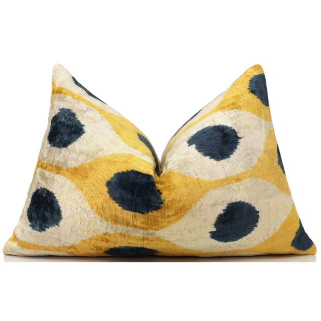 Handmade Yellow & Navy Ikat Velvet Lumbar Pillow 16x24 | Modern Artisan Accent For Sale - Image 4 of 8