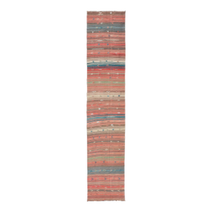 Multicolor Striped Vintage Turkish Kilim Runner With Coral Blue Tones