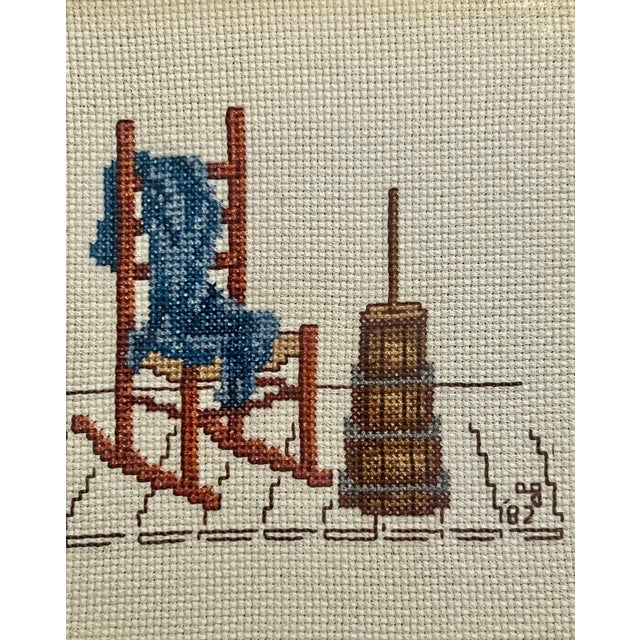 American Vintage 1982 Cross Stitch Rocking Chair-Americana-Folk Art-Rustic Wood Frame For Sale - Image 3 of 10