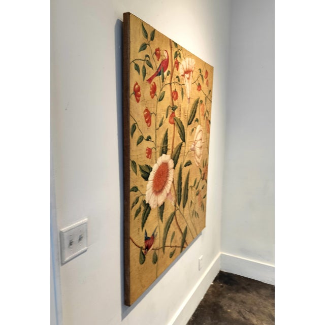 Rare Jacques Lamy Fresco technique painting of birds and flowers. Studio stamped and dated on verso. In excellent...