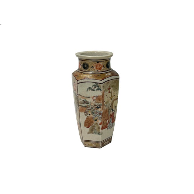 Ceramic 6" Asian Satsuma Style Hexagonal Figures Painted Porcelain Art Vase For Sale - Image 7 of 12
