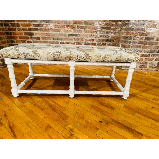 Wood Vintage Faux Bamboo Bench With New Embroidered Fabric For Sale - Image 7 of 8