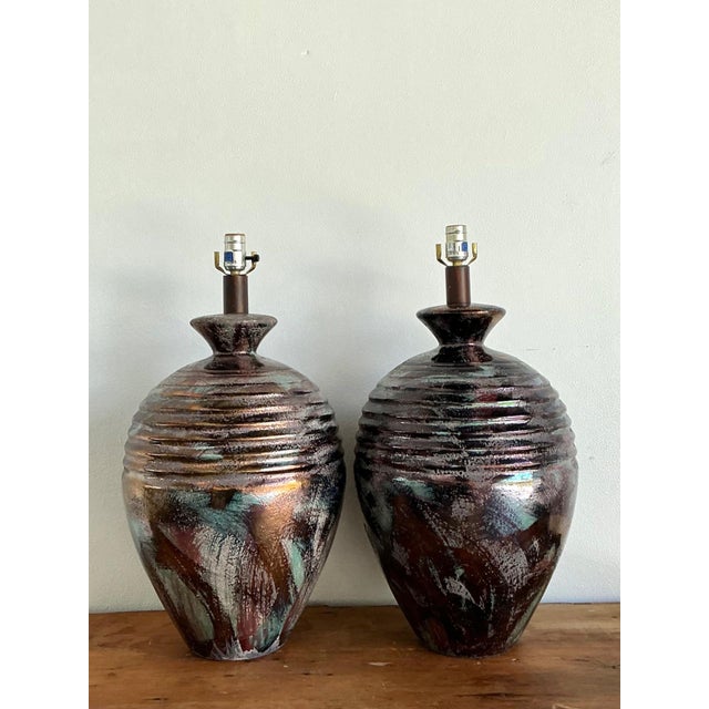 Mid 20th Century Vintage Glazed Metallic Ceramic Lamps - Set of 2 For Sale - Image 5 of 18