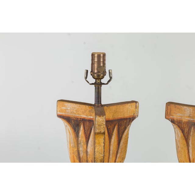 Mid 20th Century Italian Midcentury Painted and Carved Table Lamps with Stylized Foliage - a Pair For Sale - Image 11 of 12
