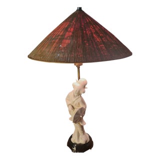 White Porcelain Geisha Lamp with Rice Straw Lampshade, 1950s For Sale