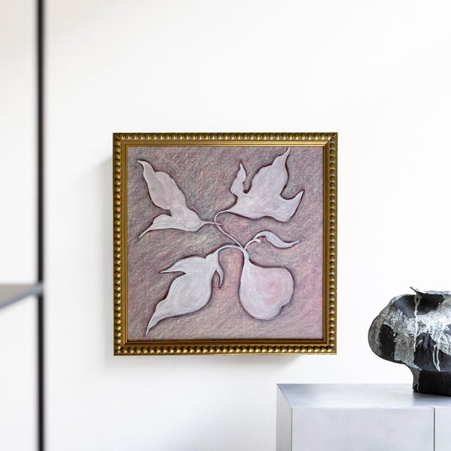 A quietly stunning original painting featuring an elegant botanical composition of softly rendered leaves and a single...