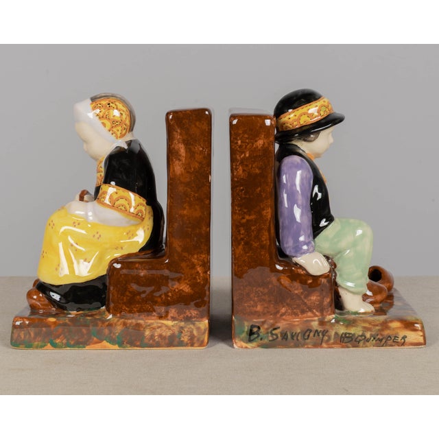 HB Quimper Odetta French Faience Hb Quimper Bookends by Berthe Savigny For Sale - Image 4 of 9