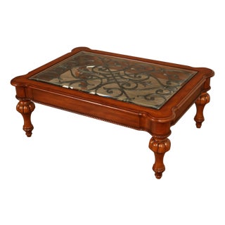 Ethan Allen Tuscany Glass Top Coffee Table With Iron Scroll Base For Sale