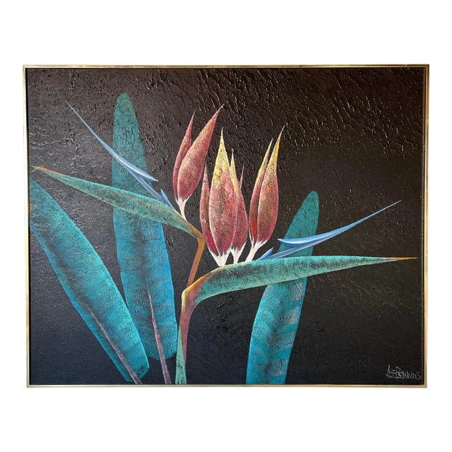 Large 1980's Lee Reynols Bird of Paradise Flowers Oil on Canvas Painting, Framed/ Sold For Sale