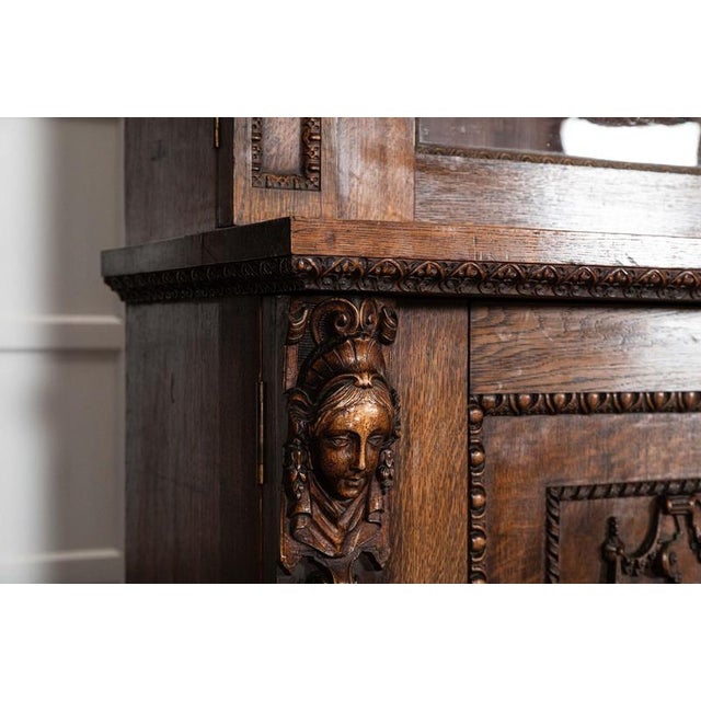 English Carved Oak Breakfront Glazed Bookcase, 1870s For Sale - Image 13 of 18