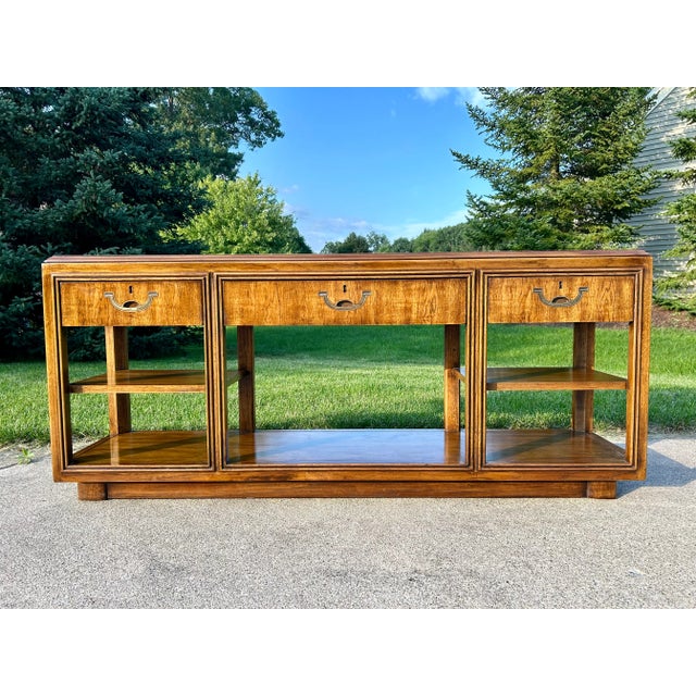 Drexel Heritage Accolade Campaign Console Table – Vintage Sideboard or Sofa Table with Brass Hardware Add timeless...