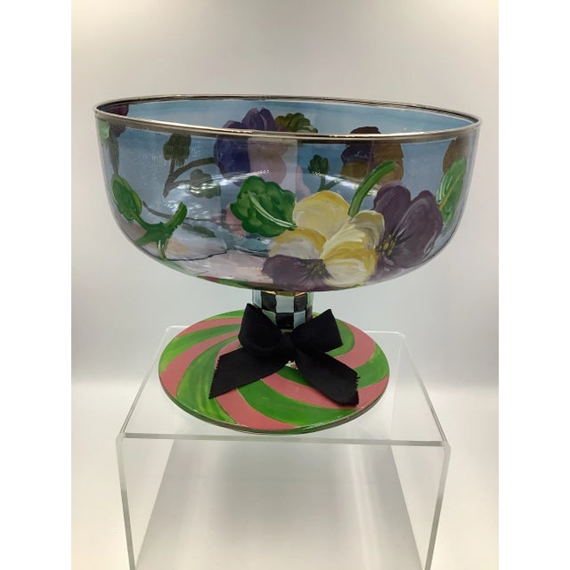 Purple 2000s Mackenzie-Childs Glass Hand Painted Pansies and Stripes Compote For Sale - Image 8 of 8