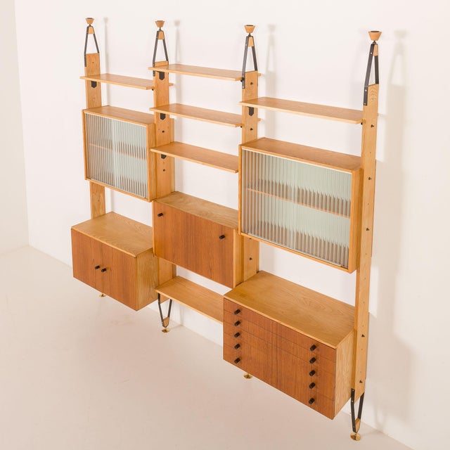 Mid-Century Floor to Celling Wall Unit in Teak and Ash, Czechoslovakia, 1960s For Sale - Image 4 of 18