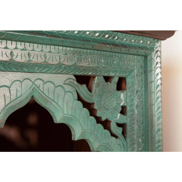 Hand-Carved Arch Bookshelf Wooden Cabinet in Rustic Blue For Sale - Image 10 of 13