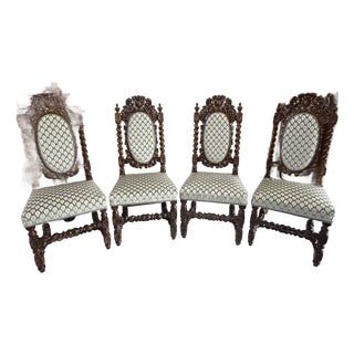 Circa 1860 French Louis XIII Hunting Style Carved Oak Chairs, Set of 4 For Sale