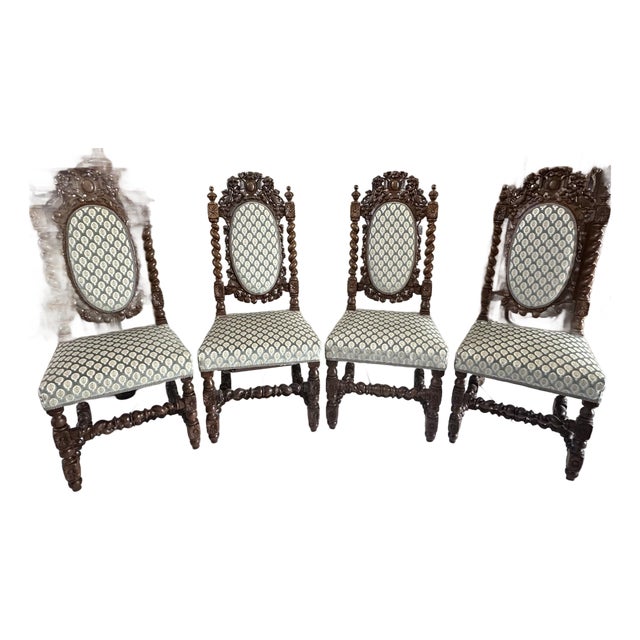 Circa 1860 French Louis XIII Hunting Style Carved Oak Chairs, Set of 4 For Sale