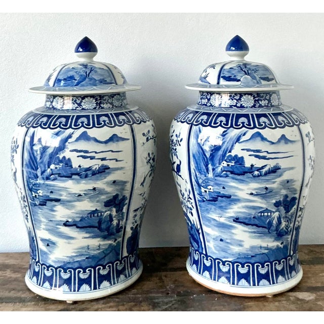 Vintage Boho Monumental Blue and White Lidded Ginger Jars - A Pair For Sale - Image 10 of 12
