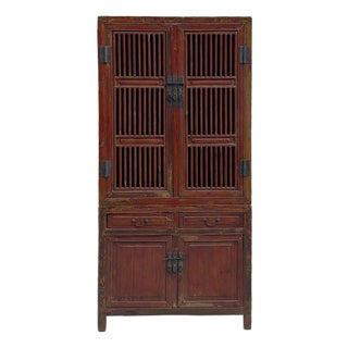 Vintage Brown Oriental Open Bars Doors Display Curio Cabinet Bookcase For Sale