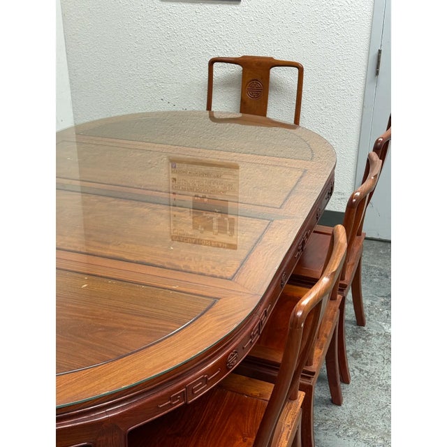 Chinese Rosewood Extension Rosewood Table + Dining Chairs Set, Circa 1970's For Sale - Image 4 of 12
