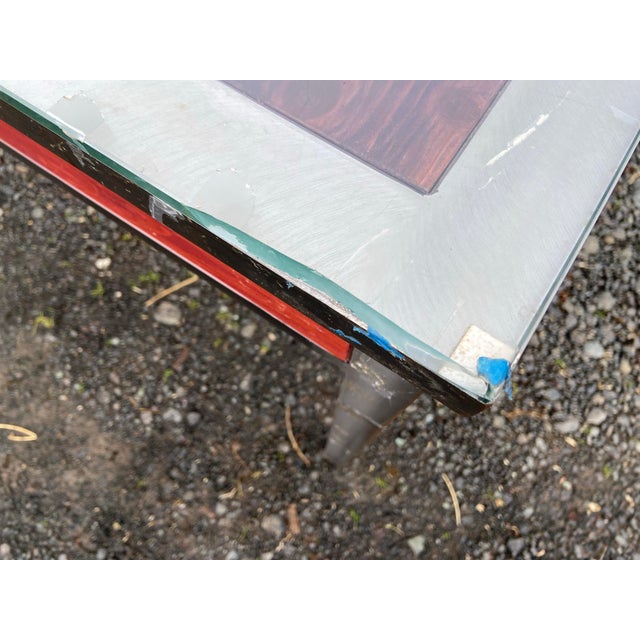 Red Venezia Furniture Modern Brushed Steel Table Partners Desk With Wooden Squares Tiles and Glass Top For Sale - Image 8 of 12