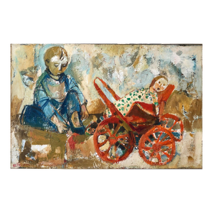 Ruth SchlossIsraeli Oil Painting Ruth Schloss Child, Doll, Wagon, Kibbutz Social Realist Art, c.1950s