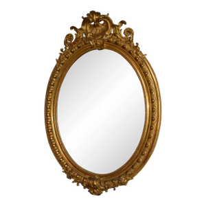 19th-Century French Gold Leaf Oval Louis XV-style Mirror With "Shell" Crest