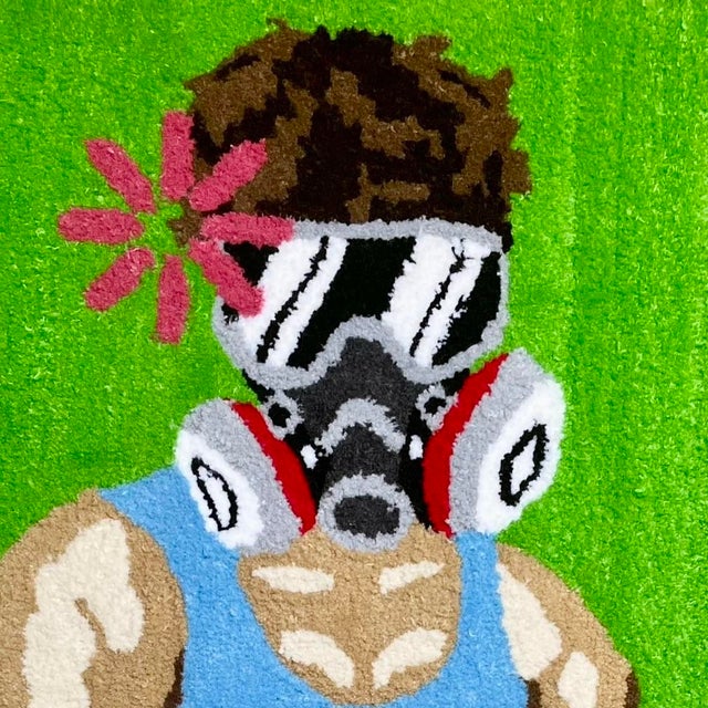 Contemporary Cedric Vu "Do You Smell Fumes?" Tufted Yarn Work, Gas Mask Figure, Electric Green, Contemporary California Textile Art, Pop Art, 2025 For Sale - Image 3 of 8