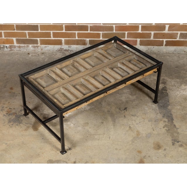 Contemporary Coffee Table Made with Antique Door Fragment on Custom Iron Base For Sale - Image 10 of 11