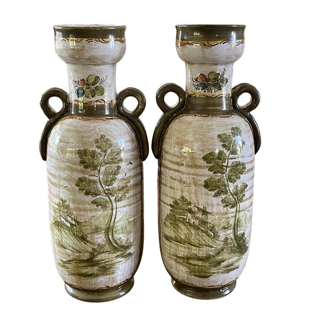 Italian Pair of Vintage 16” Italian Hand-Painted Ceramic Amphora Vases – Weiselman Import For Sale - Image 3 of 10