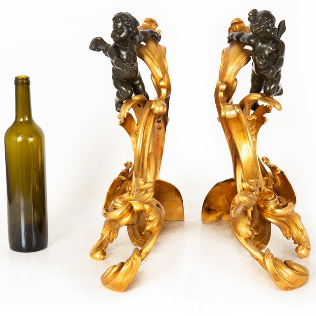 French 19th Century Pair Louis XV Style Bronze Fireplace Chenets With Putto Sculpture For Sale - Image 3 of 18