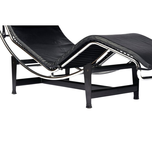 Metal Le Corbusier Lc4 Style Reproduction Black Leather Adjustable Chaise Lounge For Sale - Image 7 of 13