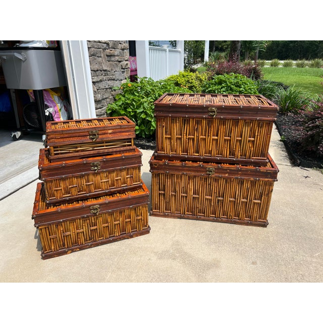 Vintage Split Reed Bamboo Nesting Boxes, Palm Beach Boho Style - 5 Pieces For Sale In Charleston - Image 6 of 6