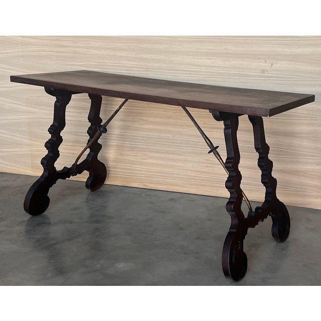 Spanish 19th Walnut Console Table With Lyre Legs and Heavy Top, Spain For Sale - Image 3 of 12